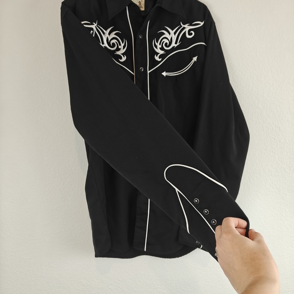 Vintage Roper Black Western Pearl Snap Shirt – White Embroidered Scroll Men’s LG - Picture 8 of 13